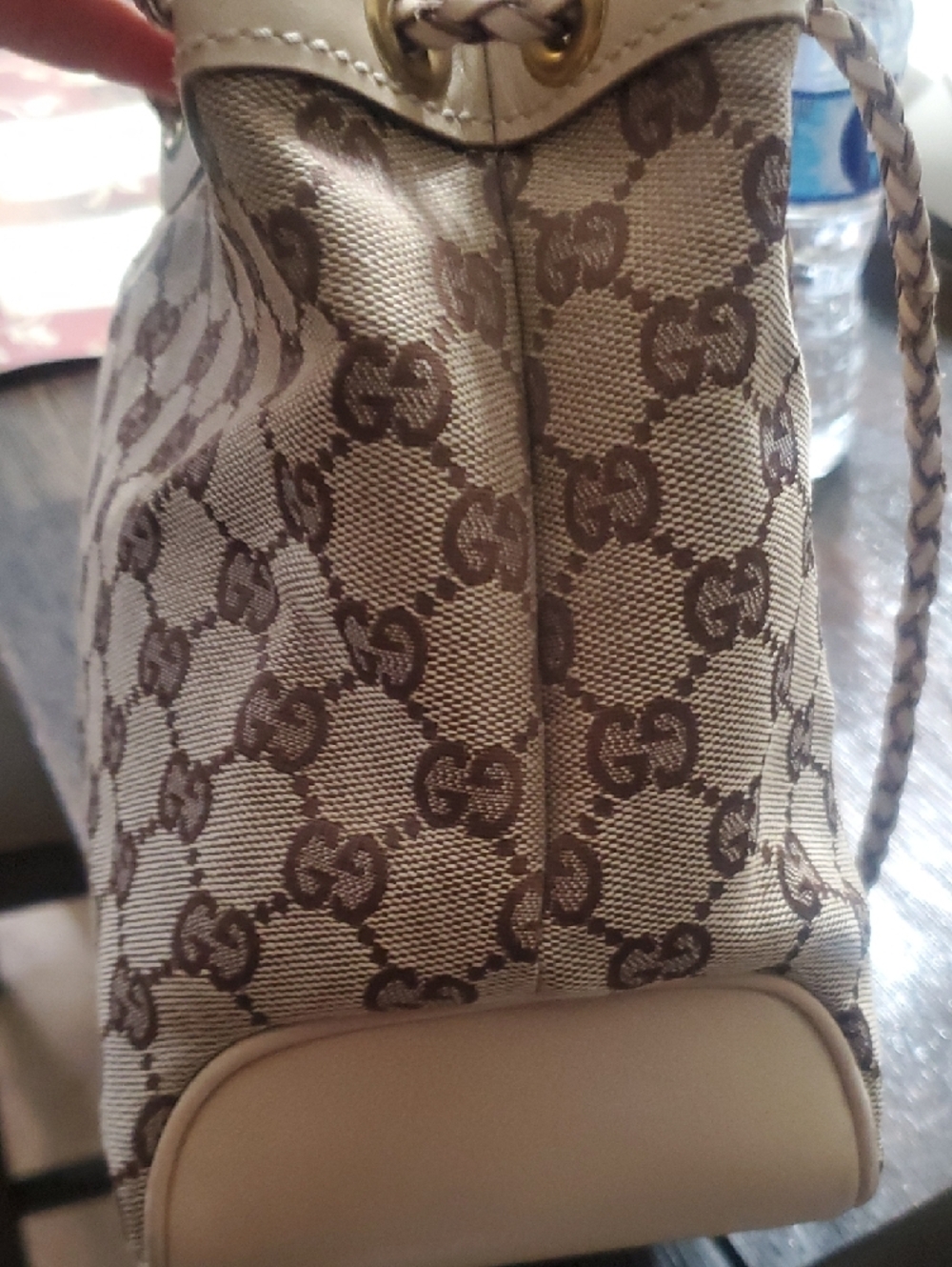 Gucci Beige and Brown GG Canvas Drawstring Tote with Braided Handles - Picture 4 of 16